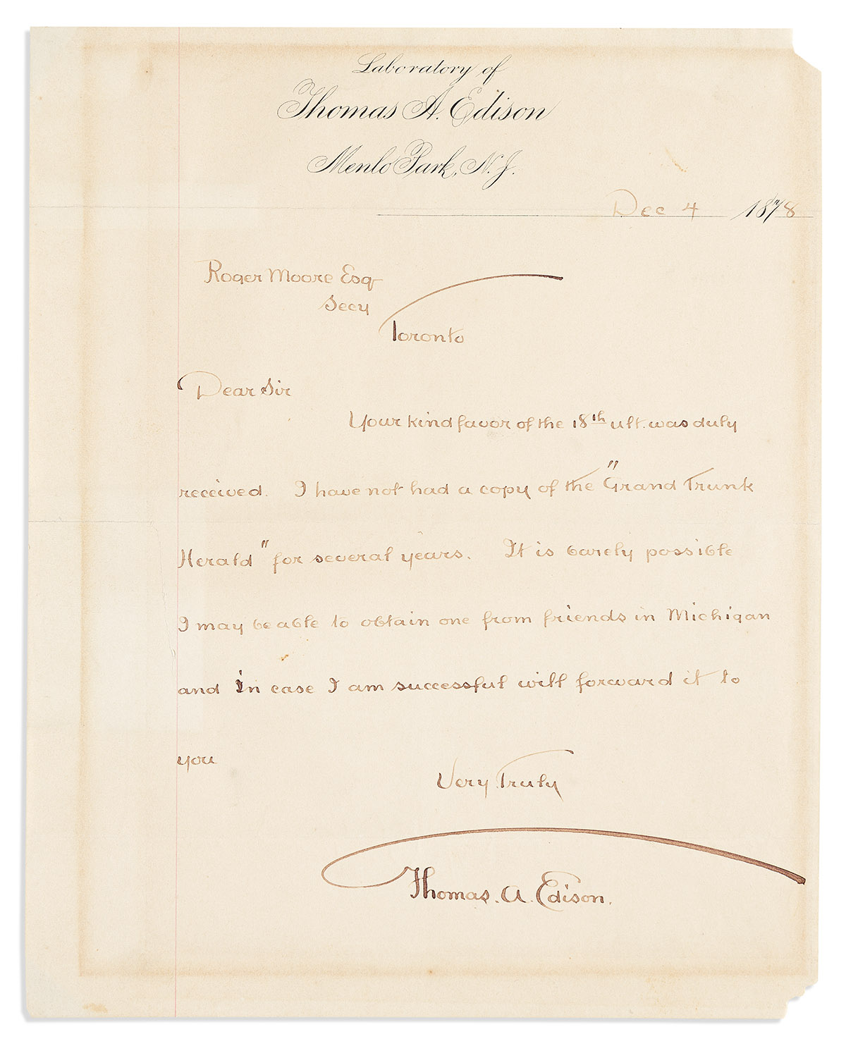 EDISON, THOMAS A. Autograph Letter Signed, to Roger Moore, hoping to find a copy of Grand Trunk Herald to send him.